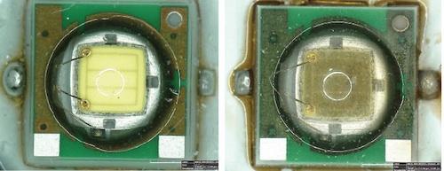 Figure 1. If an incompatibility exists between the LED and VOCs, the LEDs discolor rapidly, often within hours of exposure. Light output levels drop and changes in the quality of the light's color or chromaticity occur. Before and after photos show how output levels can deteriorate.